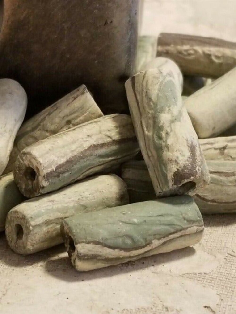 Vintage South American Ecuador Terra Cotta Green Cream Brown Color Clay Beads